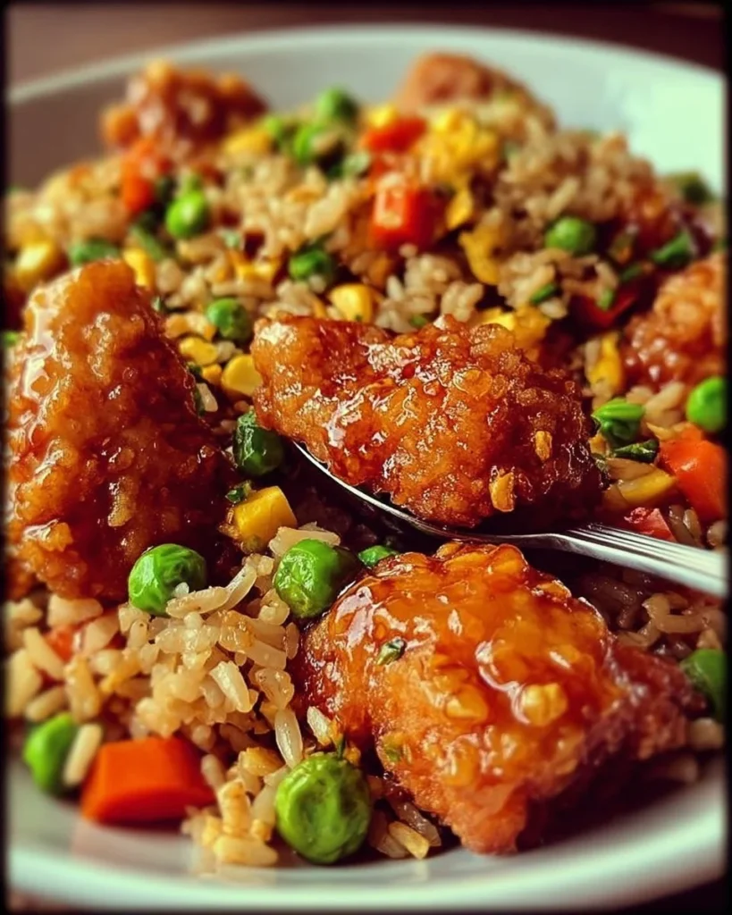 Crispy chicken with vegetable fried rice on a plate