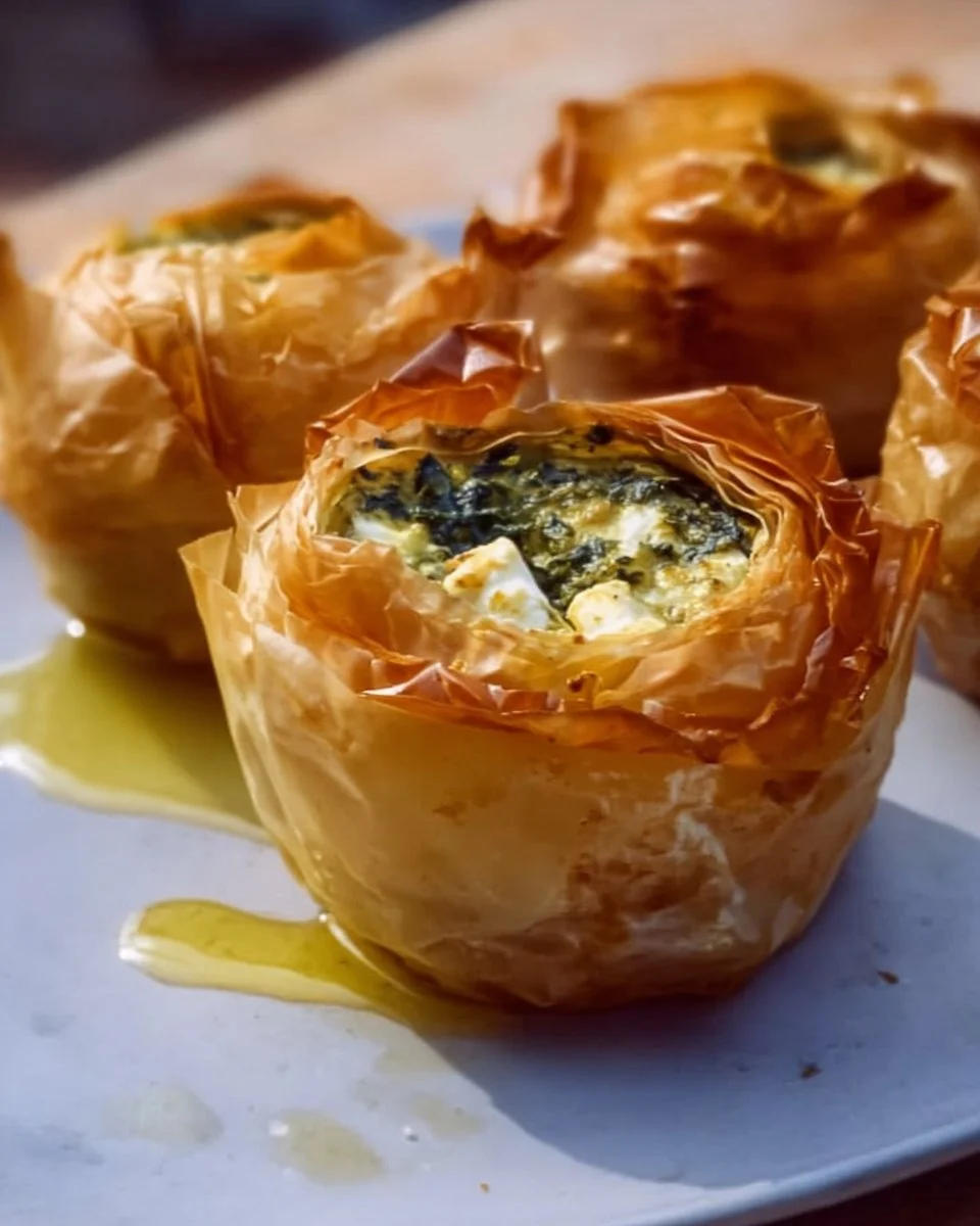 Crispy spinach and feta phyllo bites on a serving platter garnished with herbs