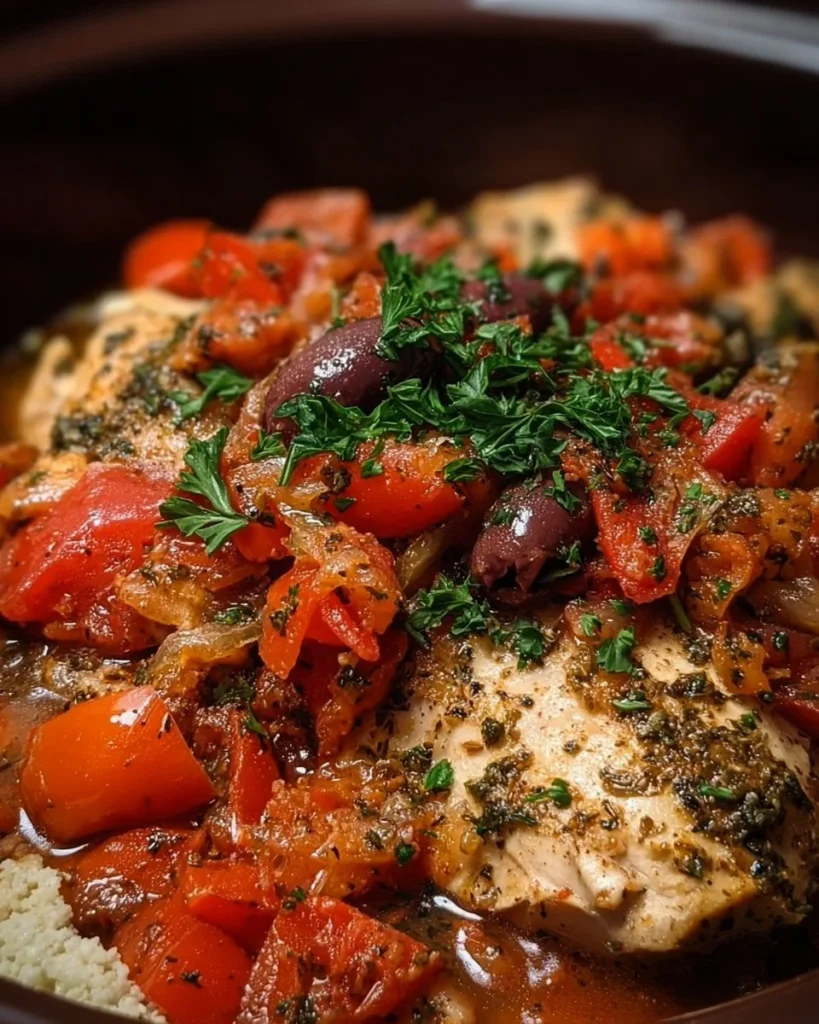 Delicious Crockpot Mediterranean Chicken served with vegetables and spices.