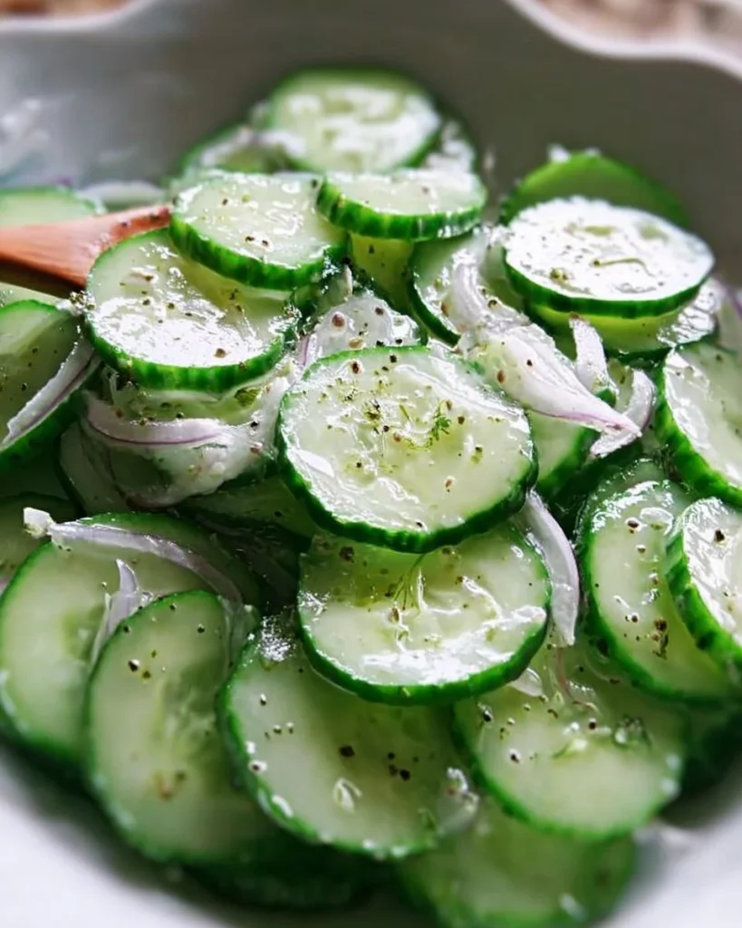 Fresh cucumber salad with herbs and dressing in a serving bowl