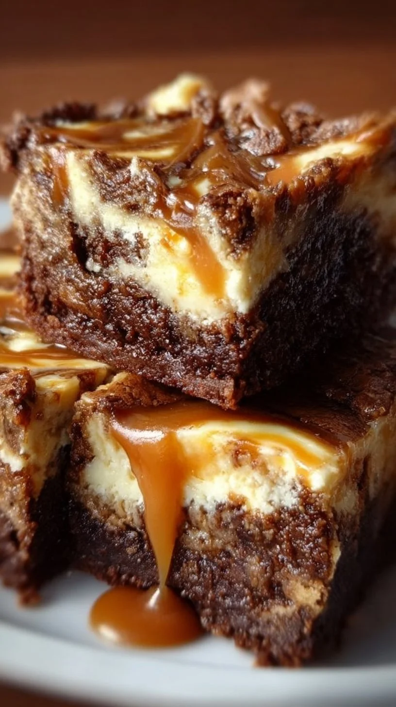 Deliciously layered caramel cheesecake brownies with rich textures and flavors
