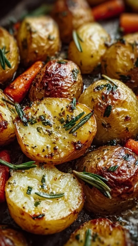 Plate of garlic herb roasted potatoes garnished with fresh herbs