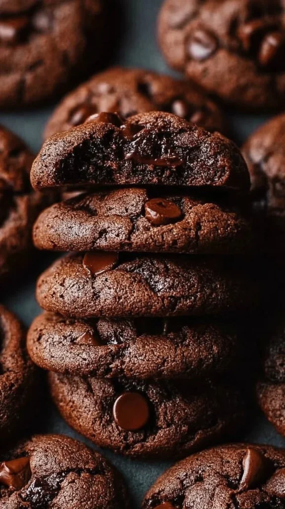 Double chocolate chip cookies stacked on a plate with melted chocolate