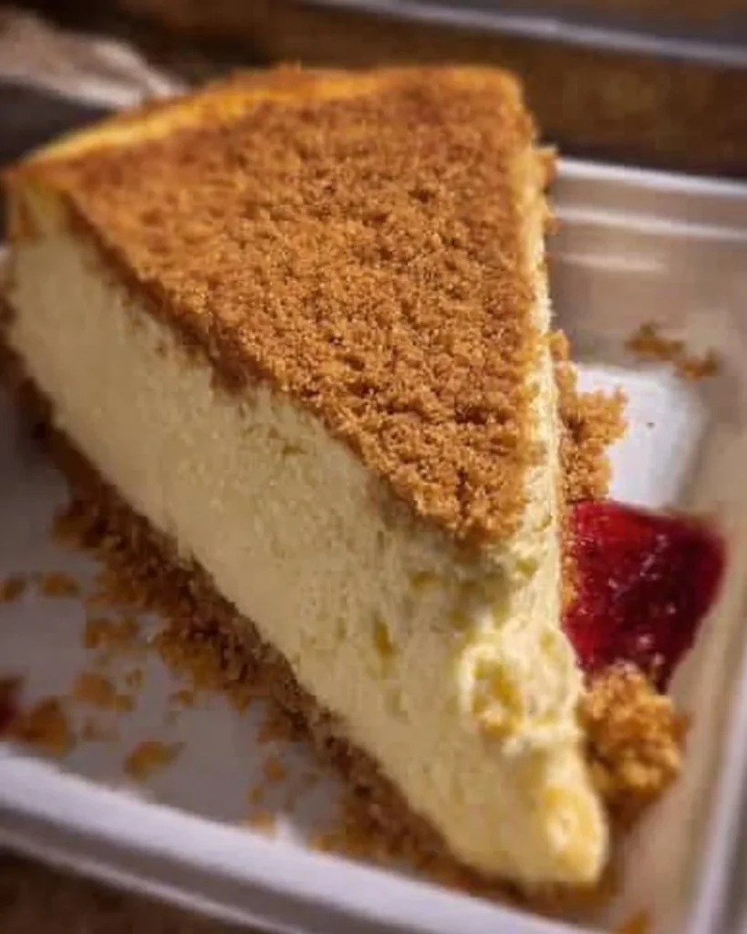 Slice of double crust cheesecake topped with berries and whipped cream