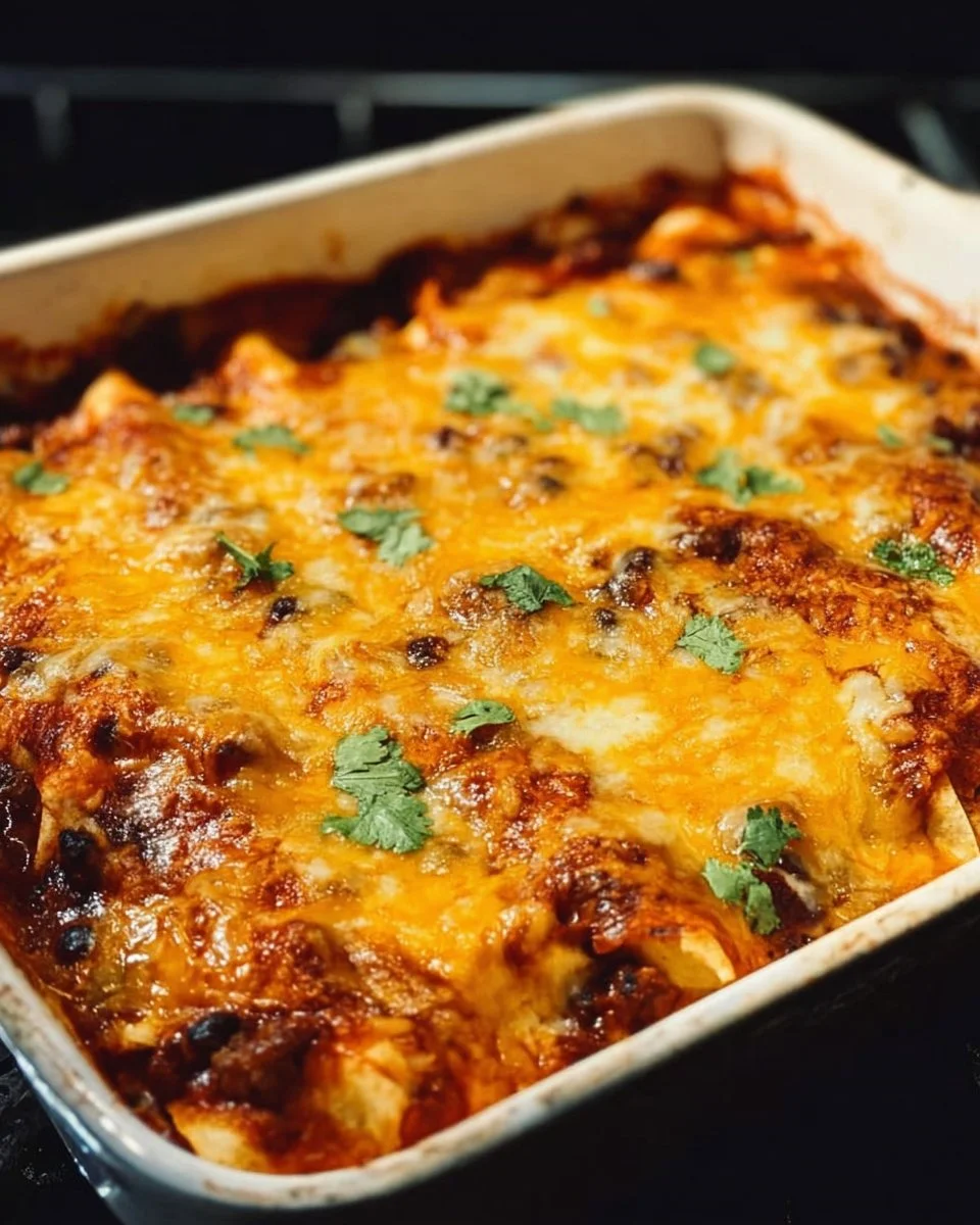 Easiest beef enchilada casserole with layers of beef, cheese, and enchilada sauce.