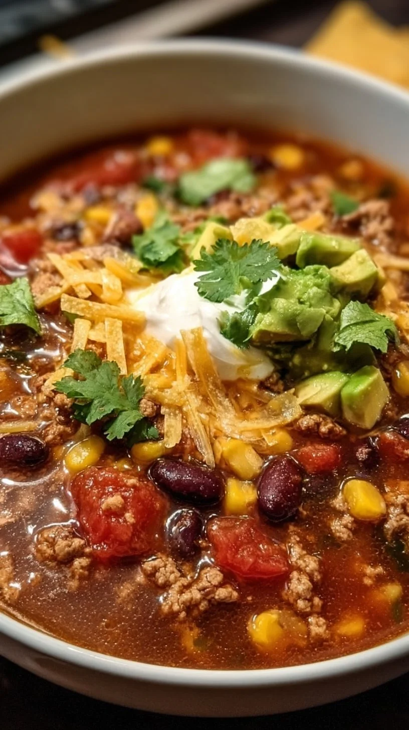 Bowl of easy 7 Can Taco Soup garnished with cilantro and tortilla chips