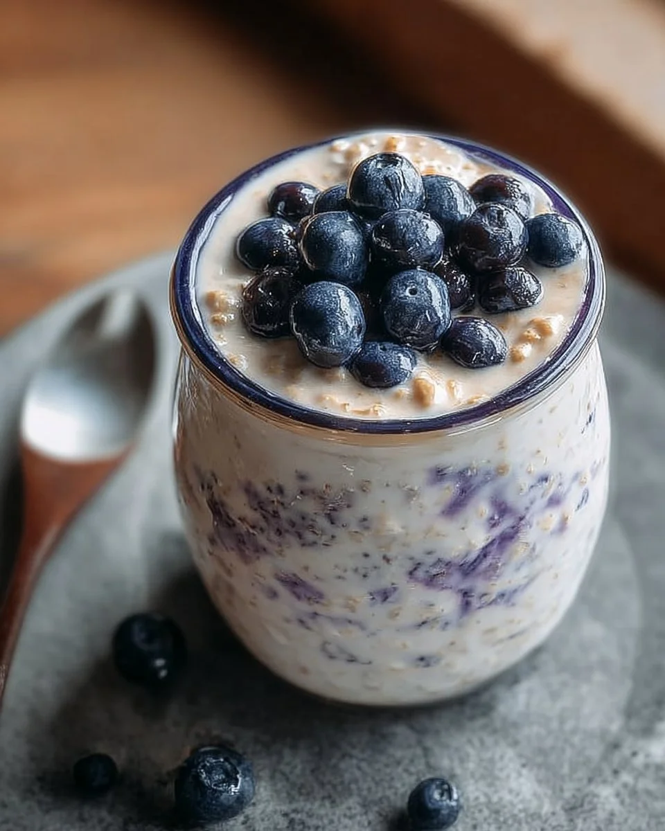 Bowl of easy blueberry overnight oats topped with fresh blueberries and nuts.
