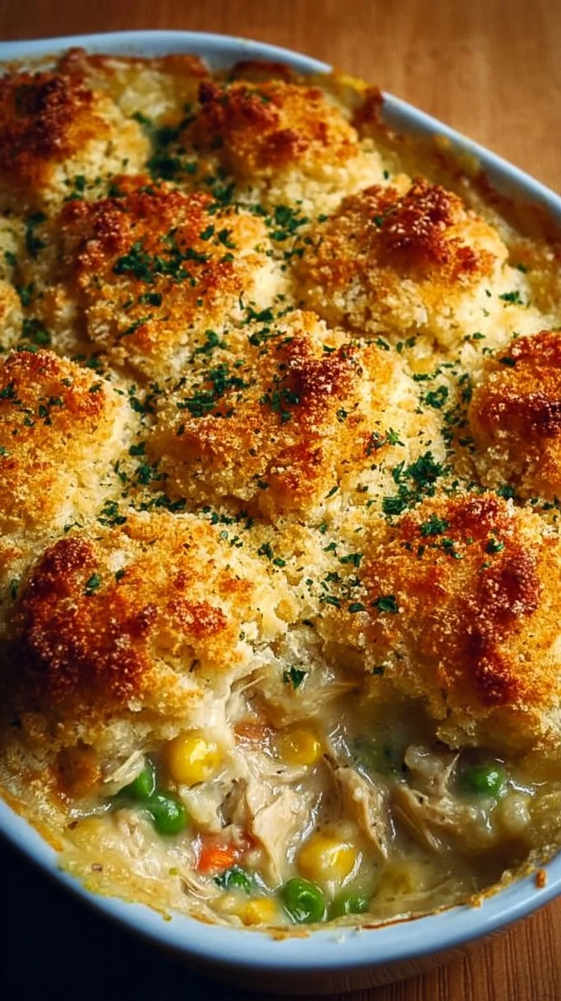 Delicious chicken cobbler casserole served in a rustic dish for cozy dinners.