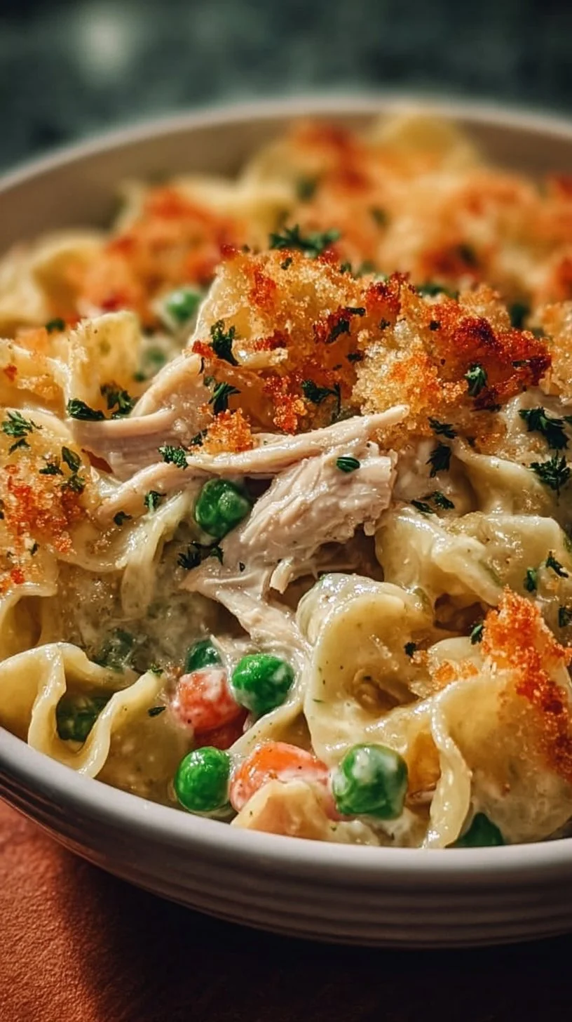 Baked easy chicken noodle casserole with chicken, noodles, and vegetables
