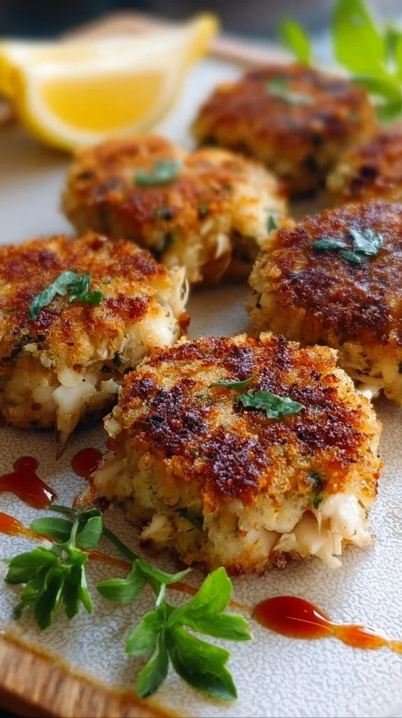 Plate of easy homemade crab cakes garnished with lemon and herbs