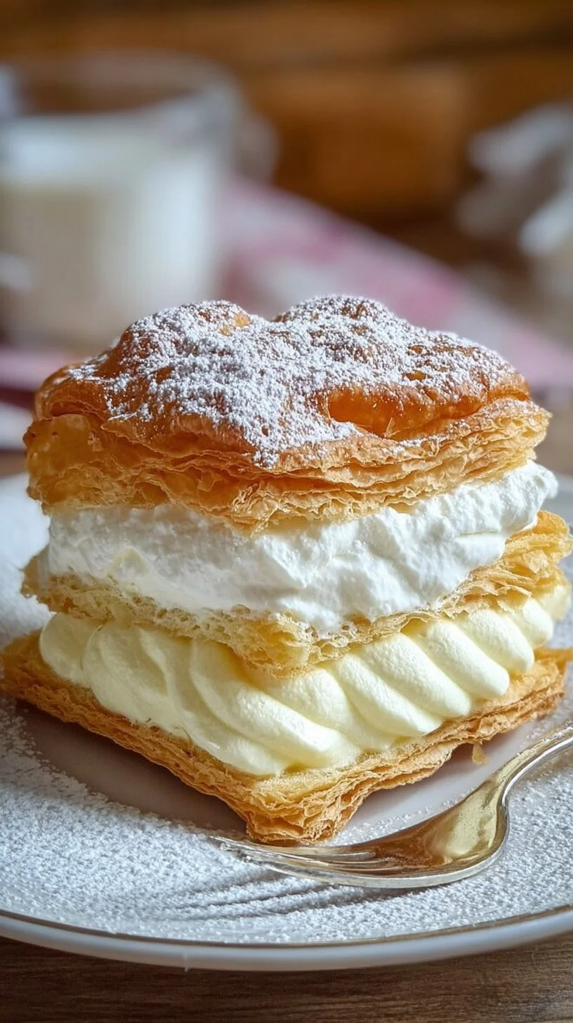 Deliciously fluffy easy cream puff cake topped with cream and chocolate drizzle