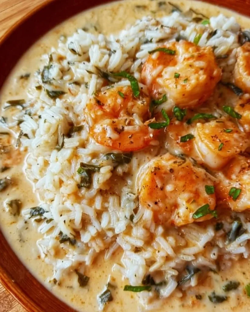 Creamy shrimp and rice dinner served in a bowl with fresh herbs.