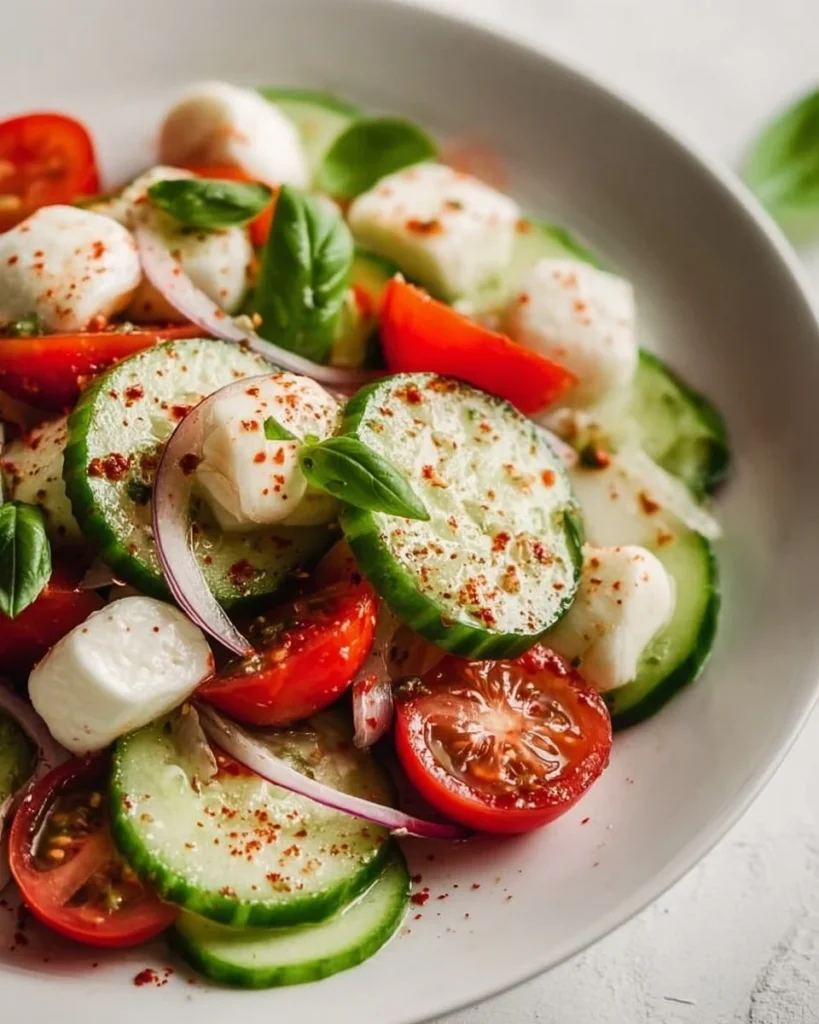 Easy Cucumber Caprese Salad with fresh mozzarella and basil