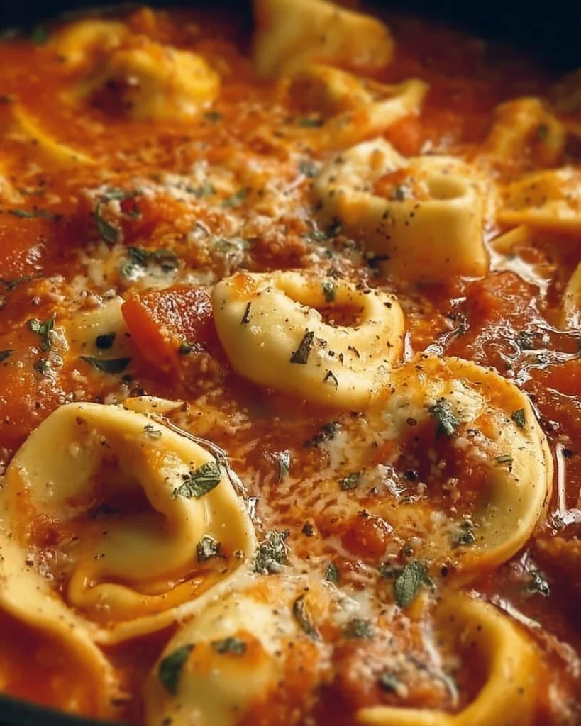 Delicious crockpot tortellini served in a bowl with fresh herbs and cheese.