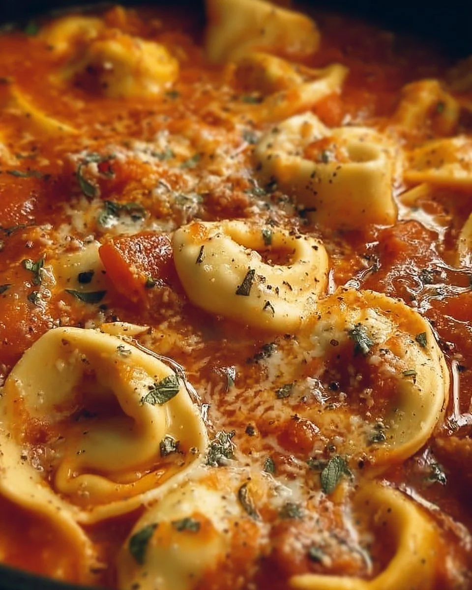 Delicious crockpot tortellini served in a bowl with fresh herbs and cheese.