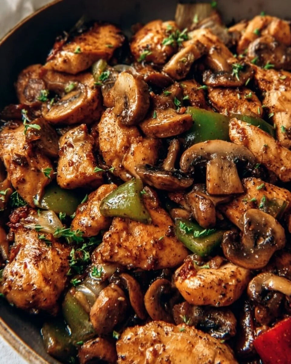 Plate of easy garlic mushroom chicken with sautéed vegetables