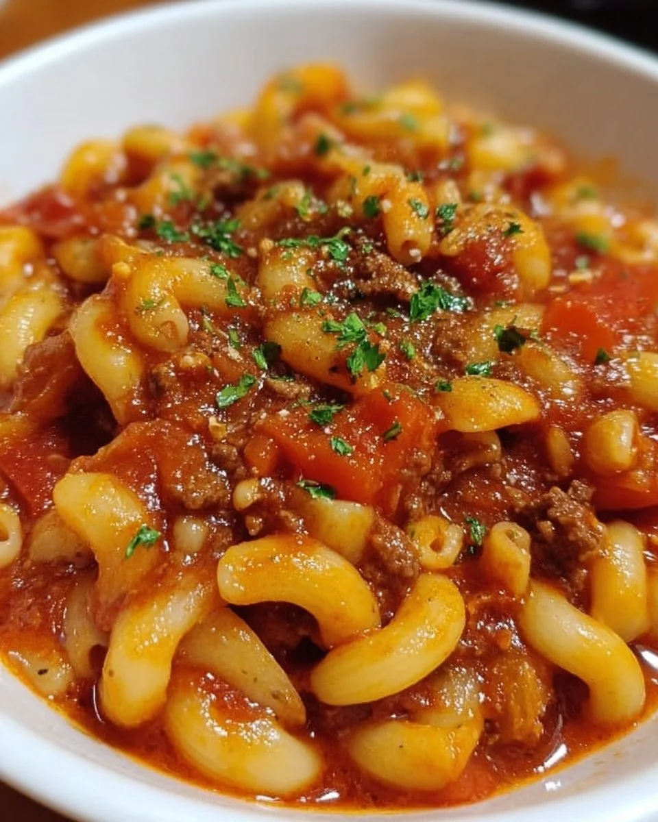 A hearty bowl of easy goulash recipe featuring pasta and ground beef.