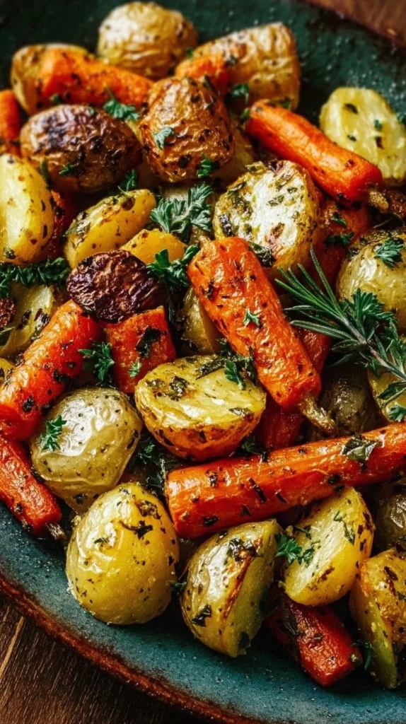 Delicious herb roasted potatoes and carrots served in a bowl
