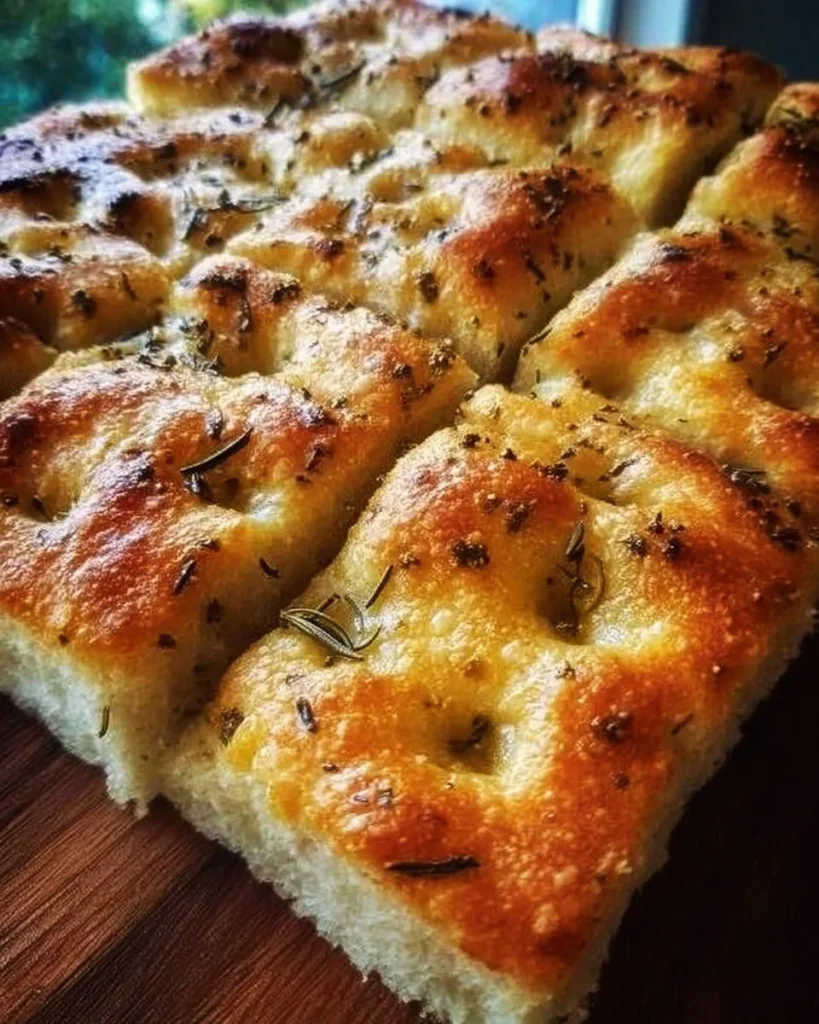 Freshly baked easy homemade focaccia bread on a wooden cutting board.