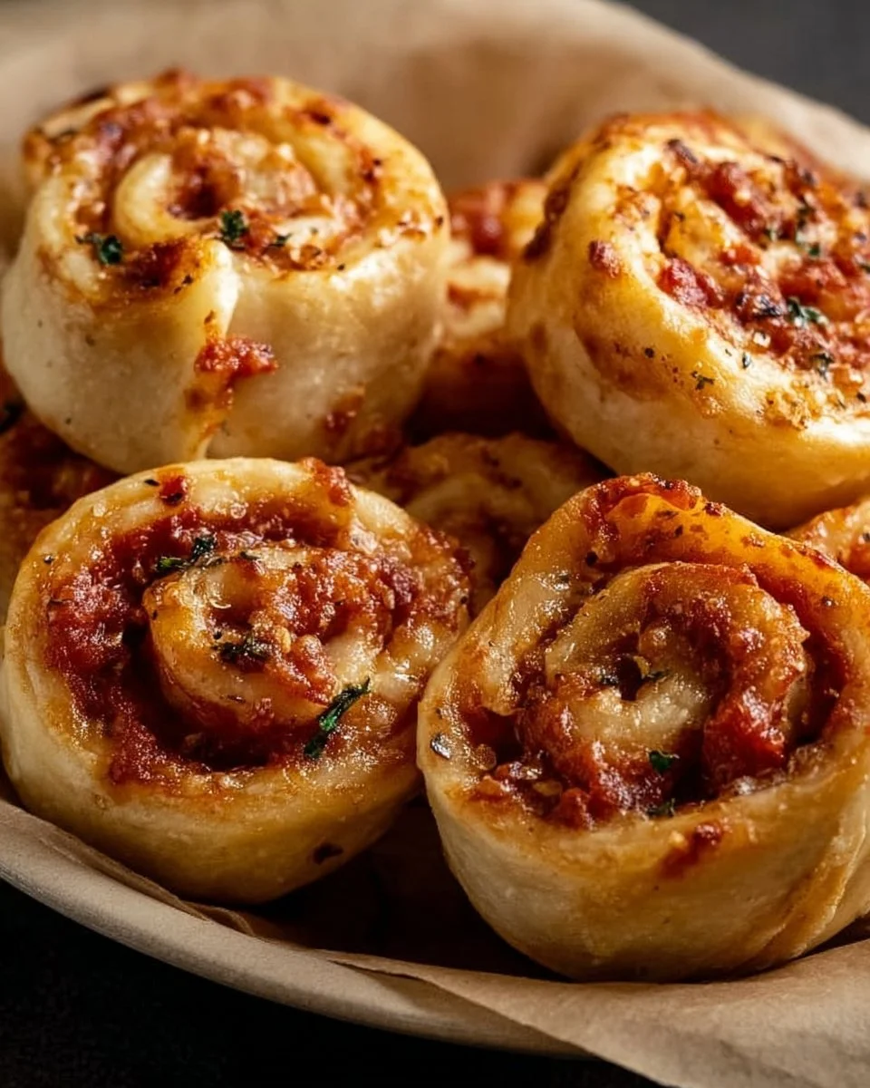Homemade pizza rolls baked and golden brown, served on a plate.