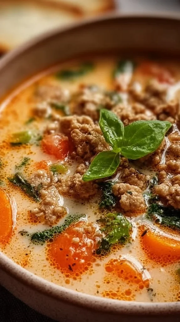 Bowl of easy Italian soup made with ground chicken and fresh vegetables.