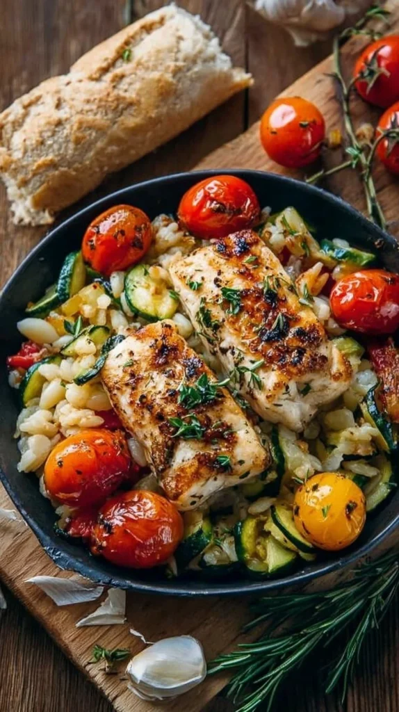 Colorful Mediterranean diet recipes with fresh ingredients like vegetables, fish, and grains.