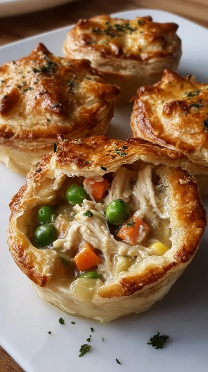 Baked easy mini chicken pot pies on a wooden table