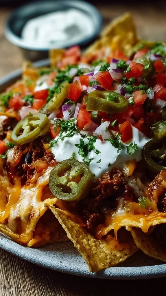 Delicious supreme nachos with all toppings ready to serve.