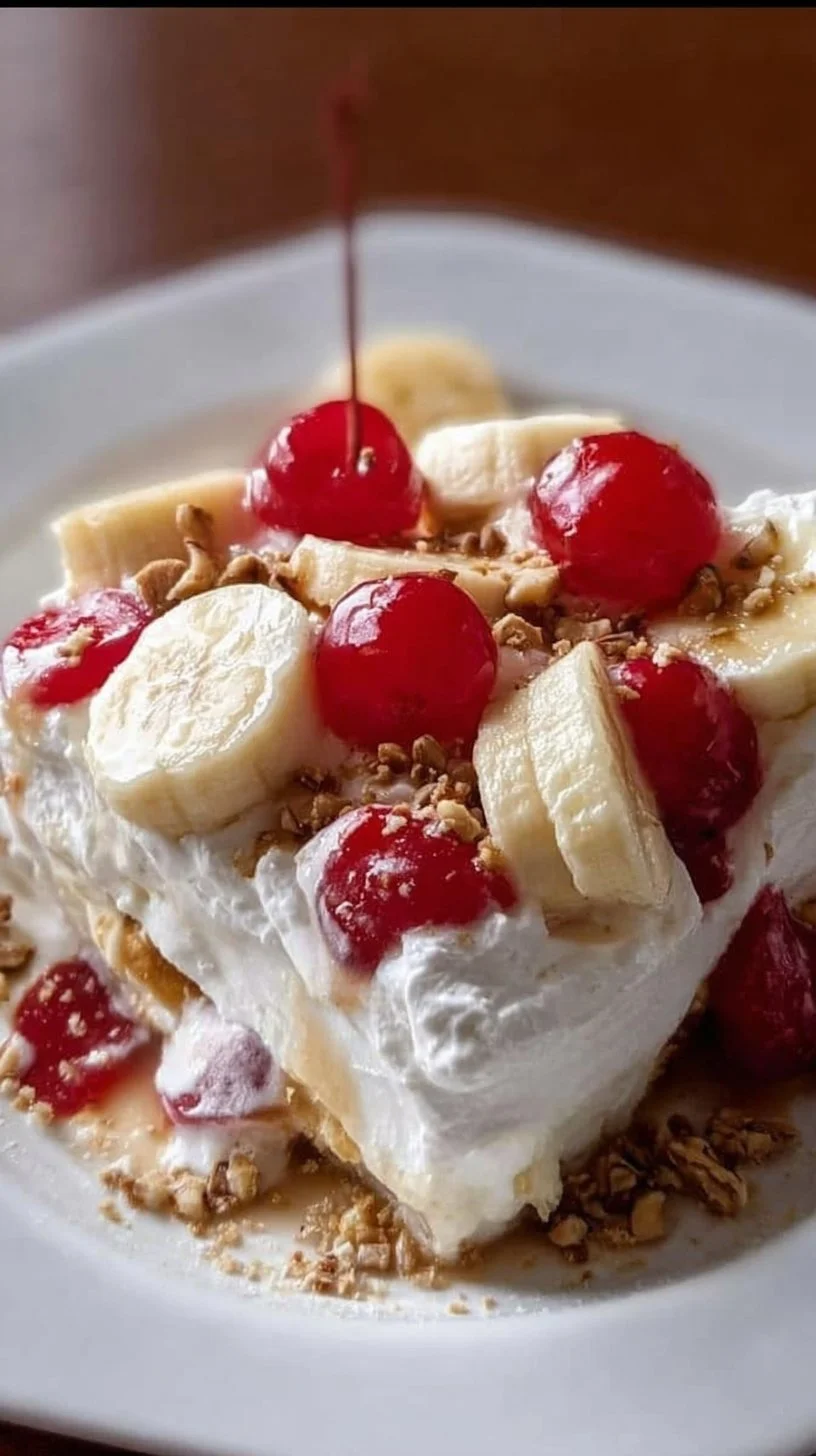 Delicious no bake banana split dessert layered with banana, ice cream, and toppings