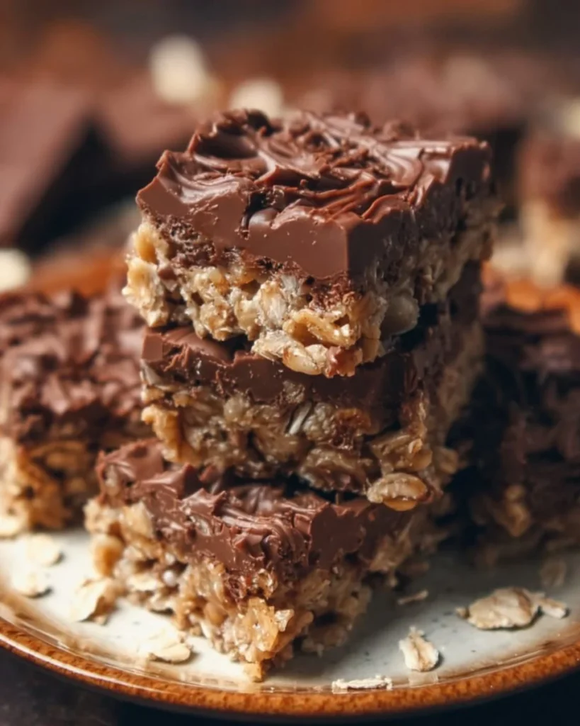 Delicious no-bake chocolate oat bars stacked on a plate