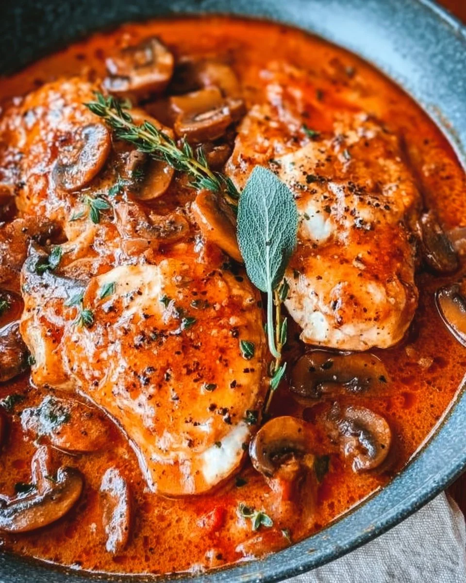 Easy One Pan Tuscan Chicken with Mushrooms dish served on a plate