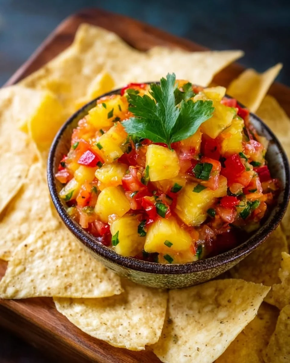 Delicious easy pineapple salsa in a bowl with fresh ingredients