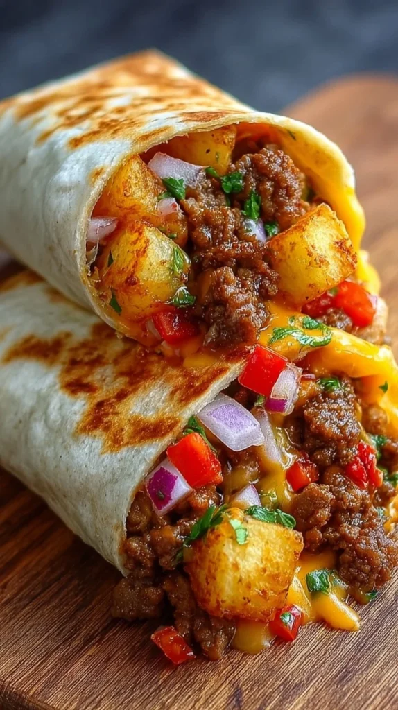 Easy potato burrito with beef on a plate.