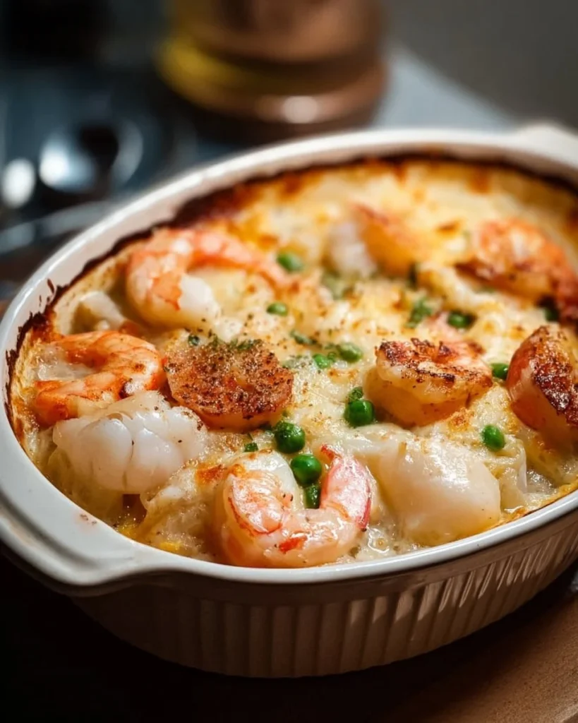 Delicious and easy seafood casserole topped with cheese and fresh herbs