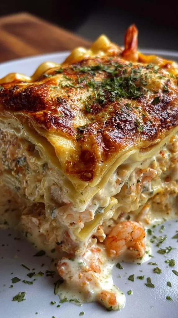 Delicious easy seafood lasagna with layers of seafood, cheese, and sauce
