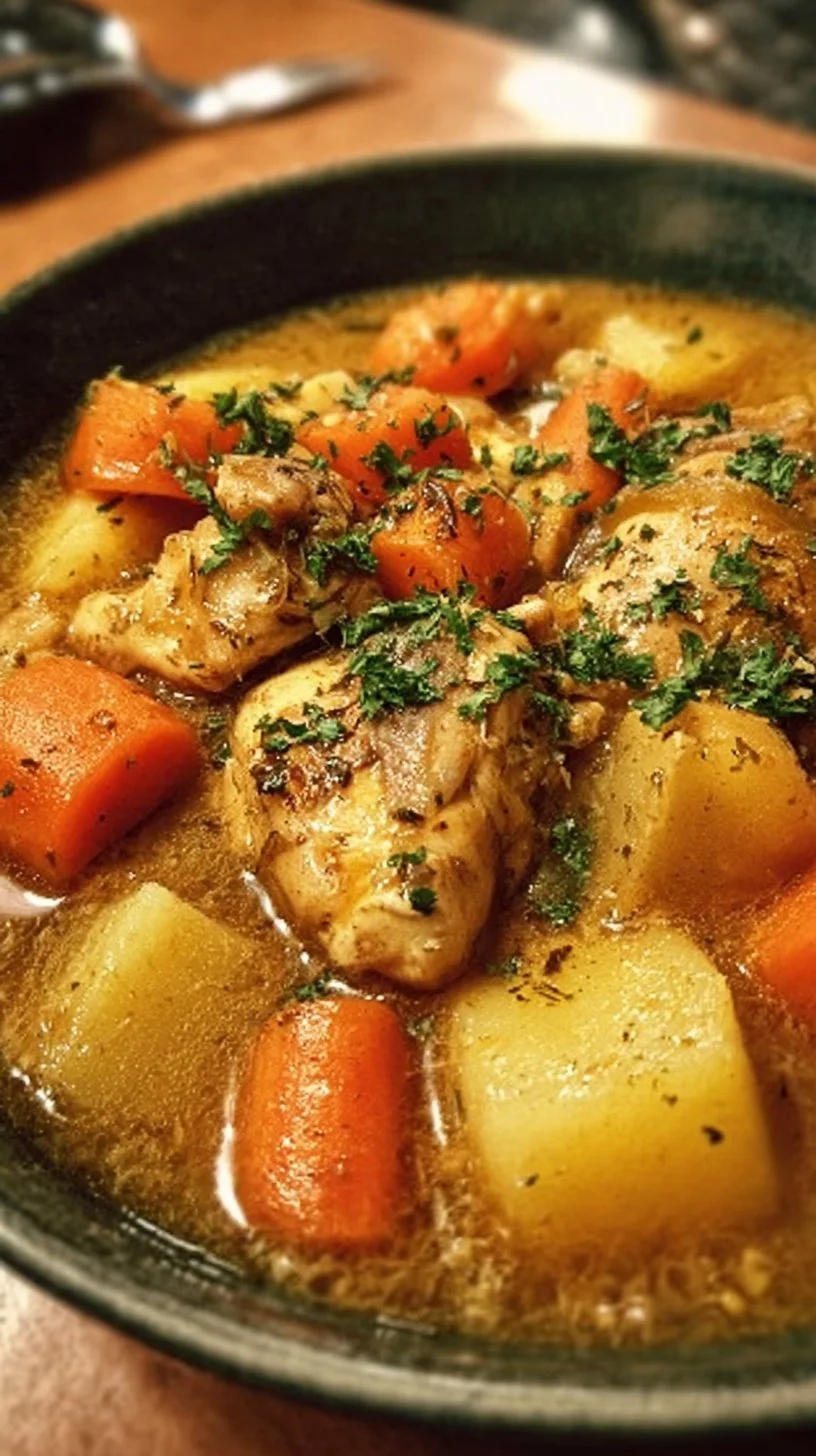 Bowl of easy slow cooker chicken stew with veggies and herbs