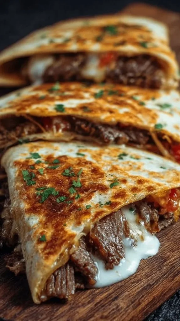 Delicious easy steak quesadilla with melted cheese and grilled steak.