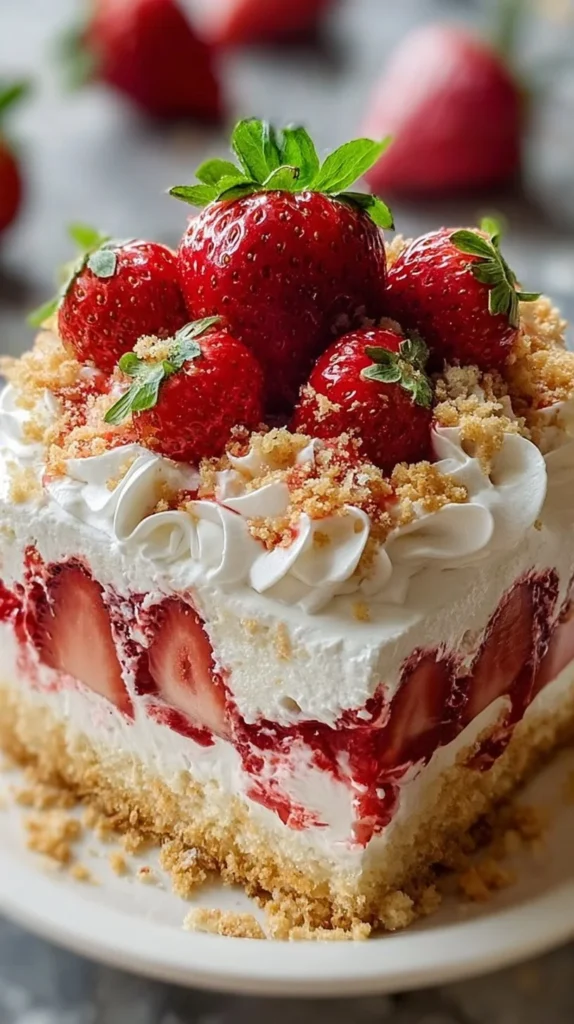 Deliciously easy strawberry crunch poke cake topped with strawberries and crunchy layers.