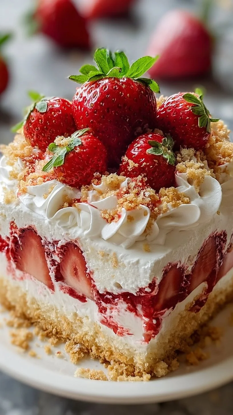 Deliciously easy strawberry crunch poke cake topped with strawberries and crunchy layers.