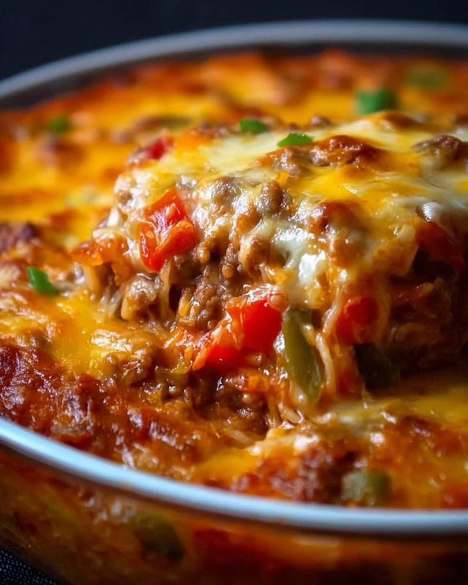Baked easy stuffed pepper casserole with vibrant peppers and savory filling