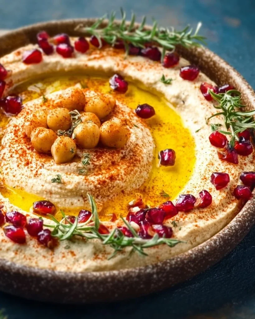 Bowl of extra creamy classic hummus served with fresh veggies and pita bread.