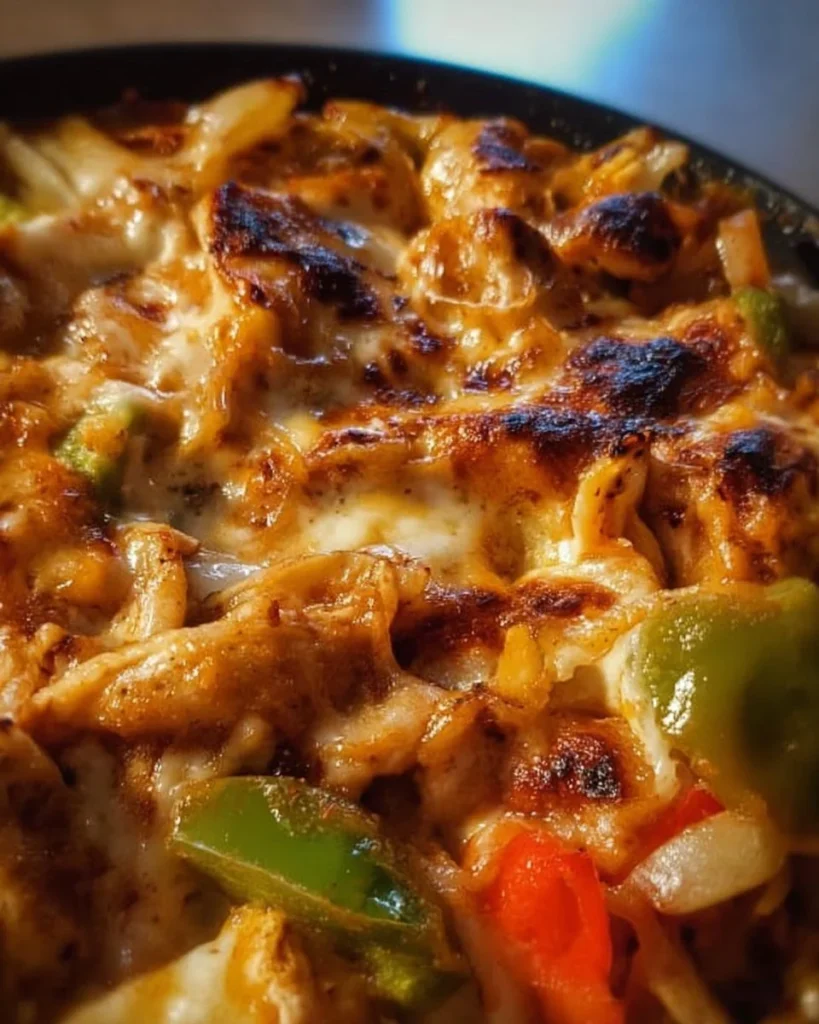 Delicious Fajita Chicken Casserole topped with cheese and colorful peppers