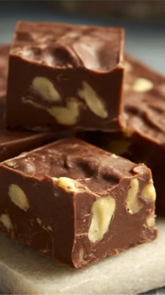 Delicious homemade fudge pieces on a wooden table.