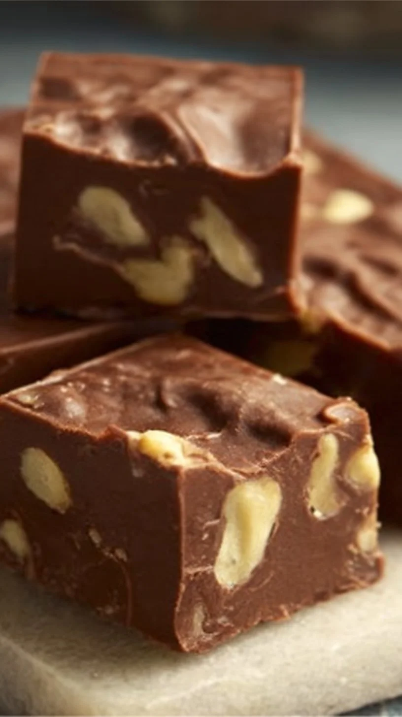 Delicious homemade fudge pieces on a wooden table.