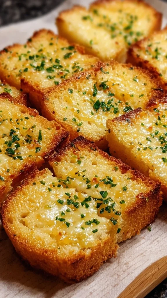 Fluffy Keto Garlic Bread loaf with herbs and garlic on a wooden table.