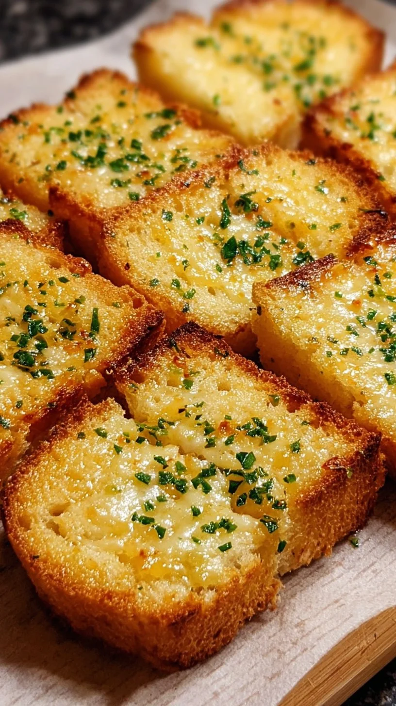Fluffy Keto Garlic Bread loaf with herbs and garlic on a wooden table.
