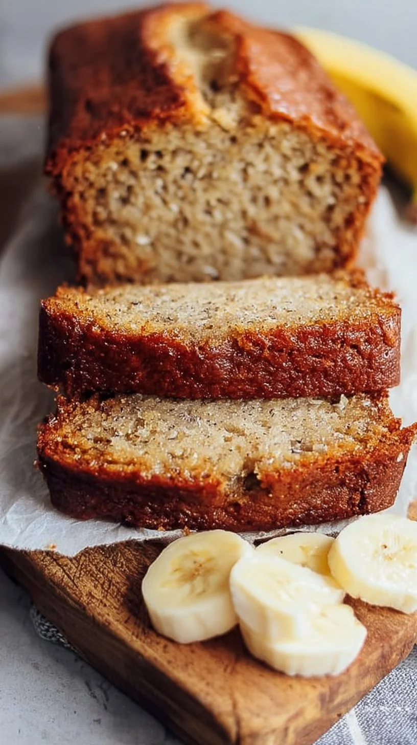 Foolproof banana bread fresh out of the oven, golden brown and sliced