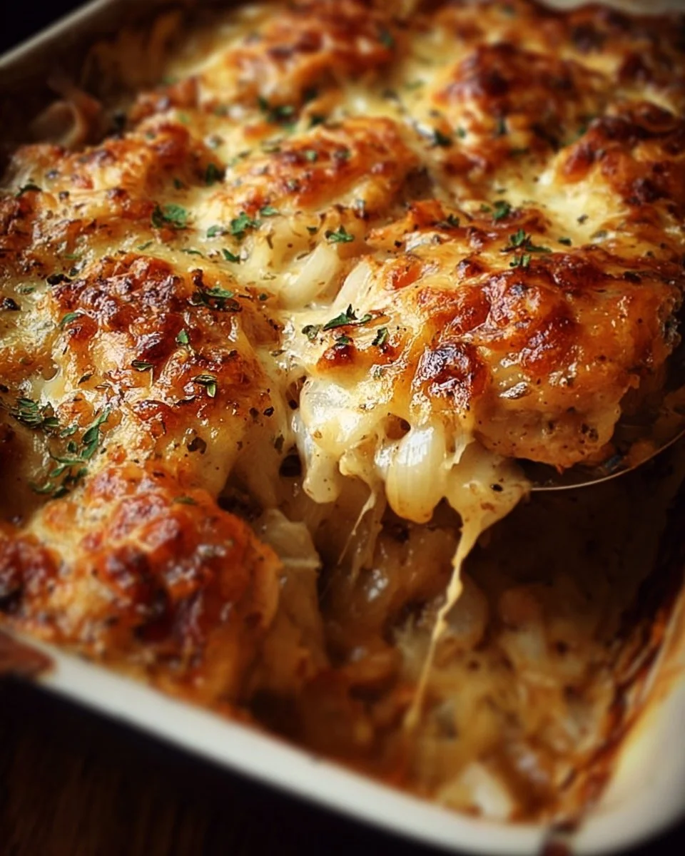 French Onion Chicken Bake topped with melted cheese and caramelized onions