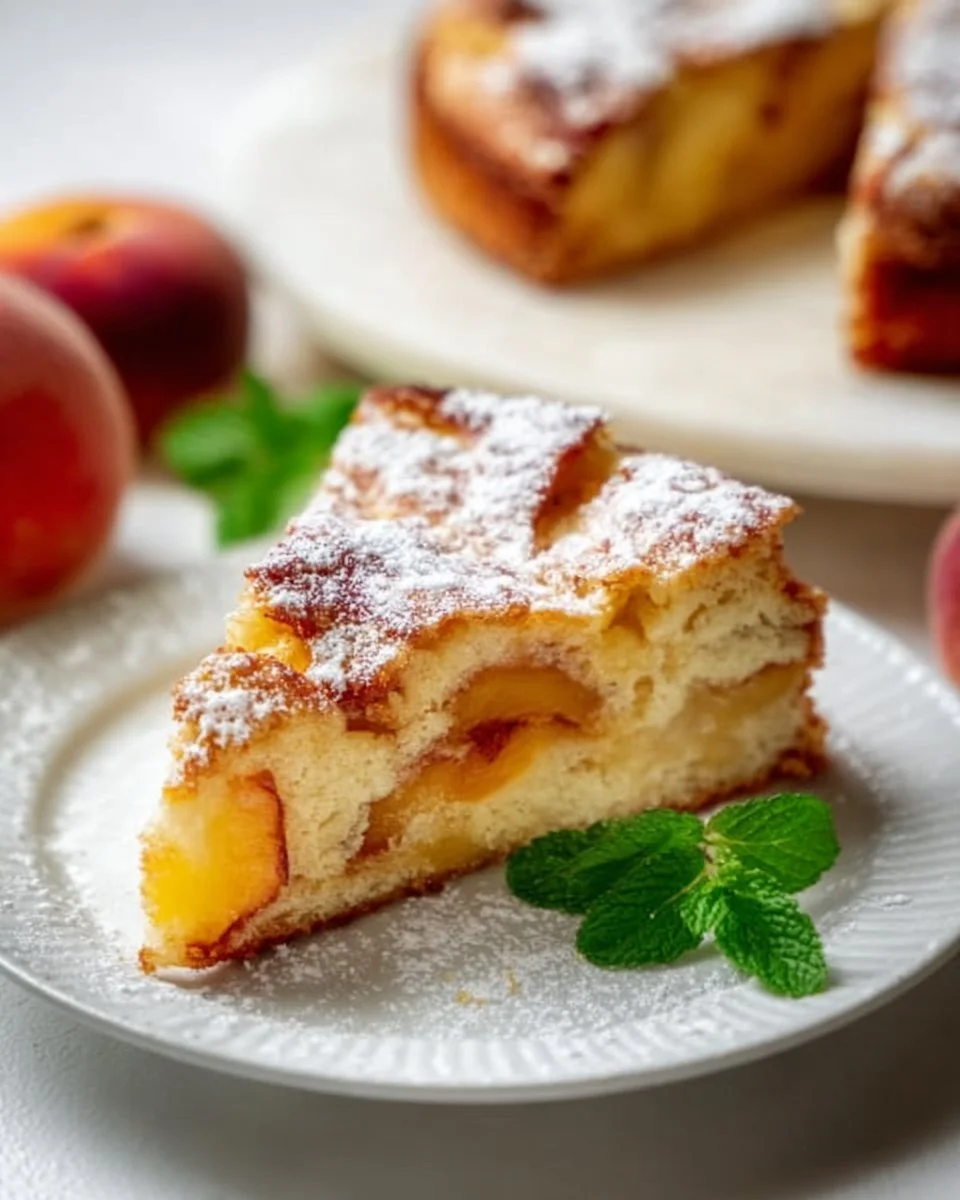 Delicious freshly baked peach cake topped with slices of ripe peaches.