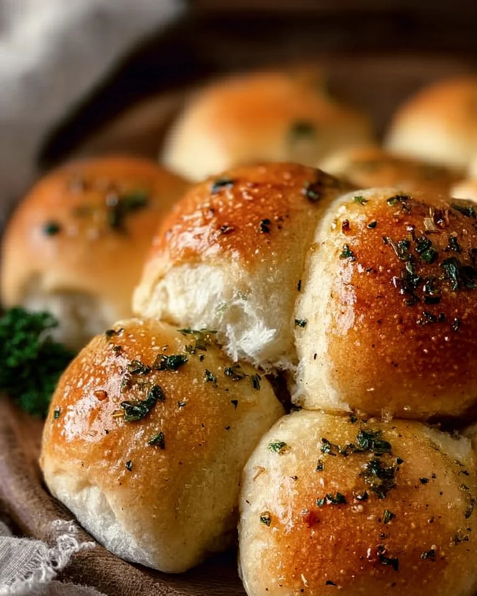 Freshly baked garlic butter bread rolls on a wooden table
